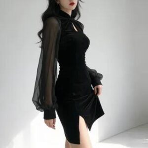 Lantern-Sleeve Mini Velvet Qipao Black 96880535