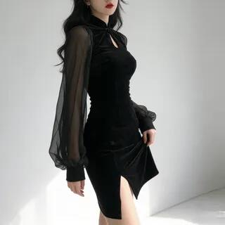 Lantern-Sleeve Mini Velvet Qipao Black by Magma