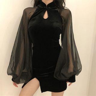 Lantern-Sleeve Mini Velvet Qipao Black | Magma by Magma