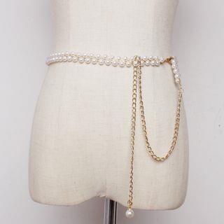 Faux-Pearl Waist Chain Belt White | Rofuka by Rofuka