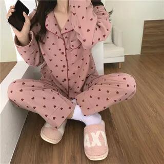 Heart Print Pajama Set White by Jeony
