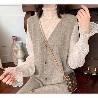 Mock-Neck Dotted Lace Sheer Blouse White by Bolgivy