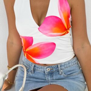 Amora White Frangipani Print Halter Top