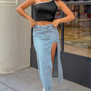 Aysha Cutout Blue Denim Midi Skirt