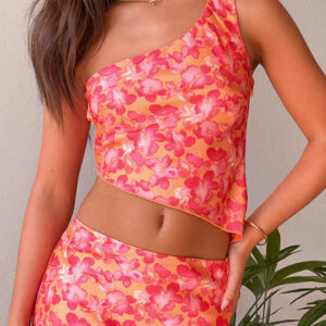 Claudi Orange And Pink Satin One Shoulder Top