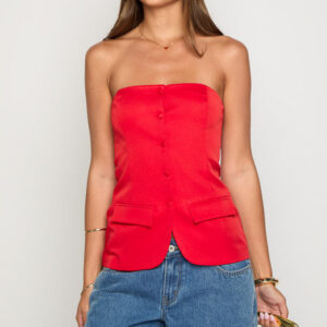 Dien Red Strapless Button Up Top