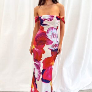 Ella Pink Floral Print Off Shoulder Formal Dress