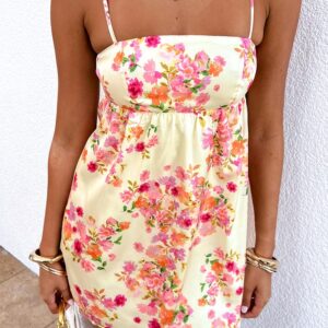 Elsa Yellow Bloom Satin Mini Dress
