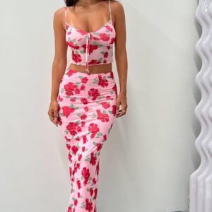 Emz Pink Floral Mesh Midi Skirt