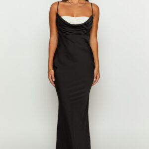 Evelyn Lace Detail Black Satin Maxi Dress