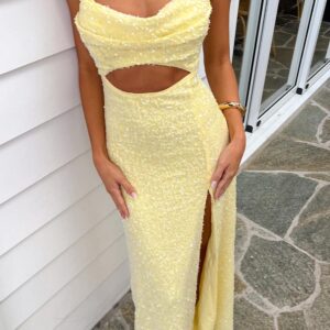 Fallon Yellow Sequin Cut Out Formal Maxi dress