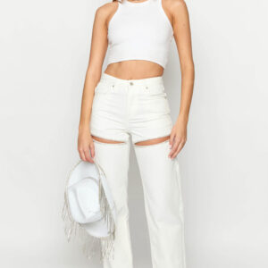 Gem Diamante Trim Wide Leg White Denim Jeans