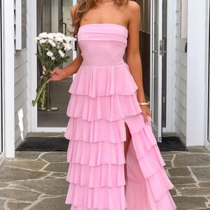 Kim Pink Strapless Ruffle Maxi Dress