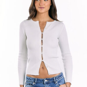Kippy White Ribbed Knit Button Up Long Sleeve Sweater