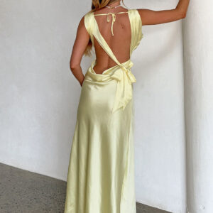 Laria Yellow Satin Formal Maxi Dress