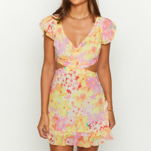 Motif Yellow Floral Print Mini Dress