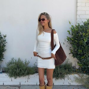 Myles White Long Sleeve Drop Shoulder Mini Dress