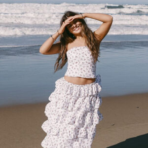 Paisley White Floral Ruffle Maxi Skirt