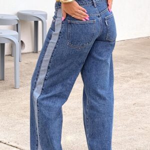 Roonie Contrast Stripe Mid Wash Denim Low Rise Jeans