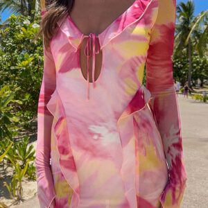 Surround Sound Pink Floral Mesh Long Sleeve Mini Dress